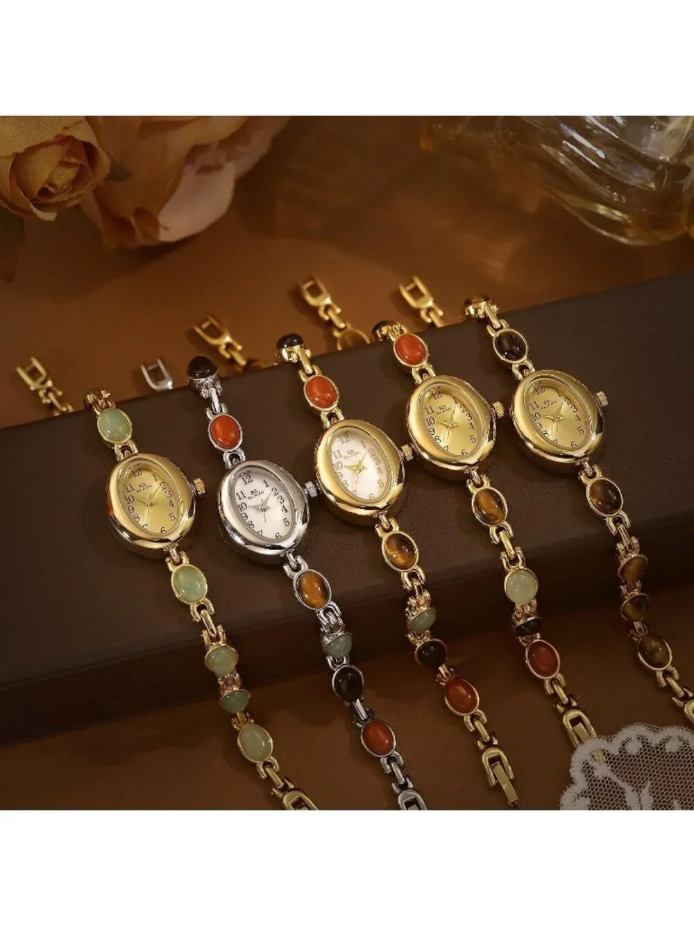 Women's Gold Silver Analog Quartz Waterproof Oval Dainty Vintage Bracelet Watch